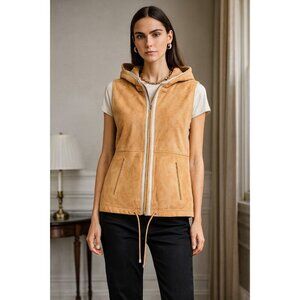YOGO by Goes Goat Suede Hooded Vest Tan Leather Sleeveless Jacket Size 40